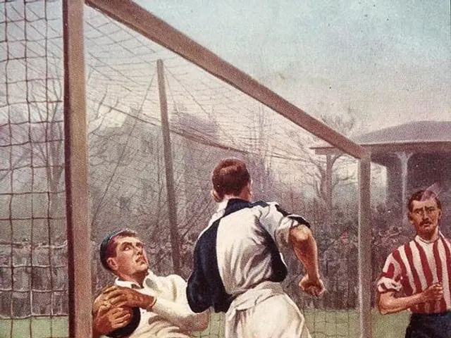 The image shows a painting of a group of men playing soccer on a field, with a net in the...