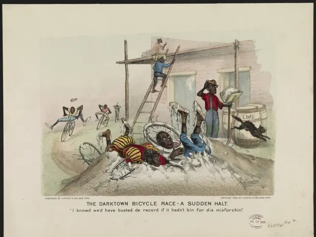 The image shows a poster depicting a darktown bicycle race, with a sudden halt. There are several...