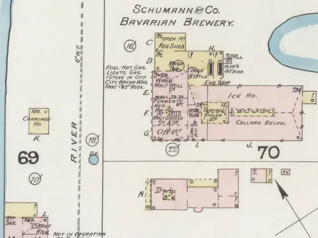 The image shows a map of the Schumann & Co Bavarian Brewery, with text and numbers indicating the...