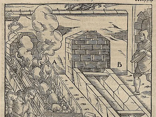 The image shows a black and white engraving of a man working in a factory, with a wheelbarrow full...