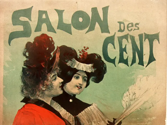 The image shows a poster advertising a salon des cent, featuring two women with human faces. The...