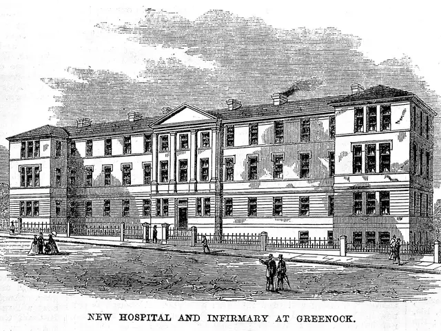 The image shows a black and white drawing of a building with windows, a fence, and a few people in...