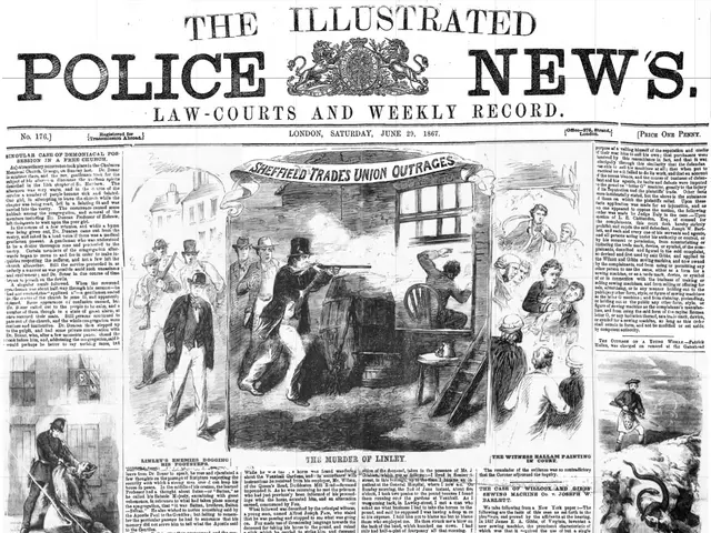 The image shows the front page of the Illustrated Police News from 1867, with a black and white...