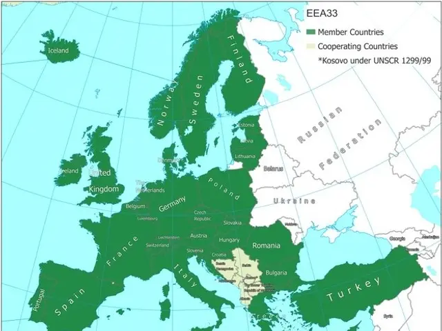 The image shows a poster with a map of Europe, highlighting the member countries of the European...