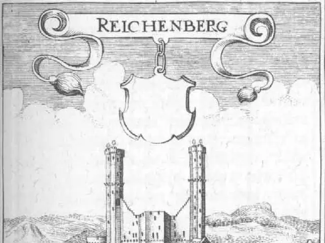 The image shows a black and white drawing of a castle in the middle of a field, surrounded by hills...