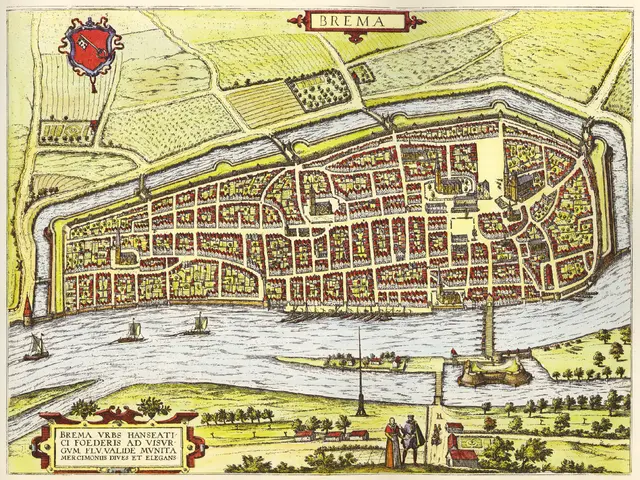 The image shows a poster of a map of the city of Bremen, Germany. It features a detailed...