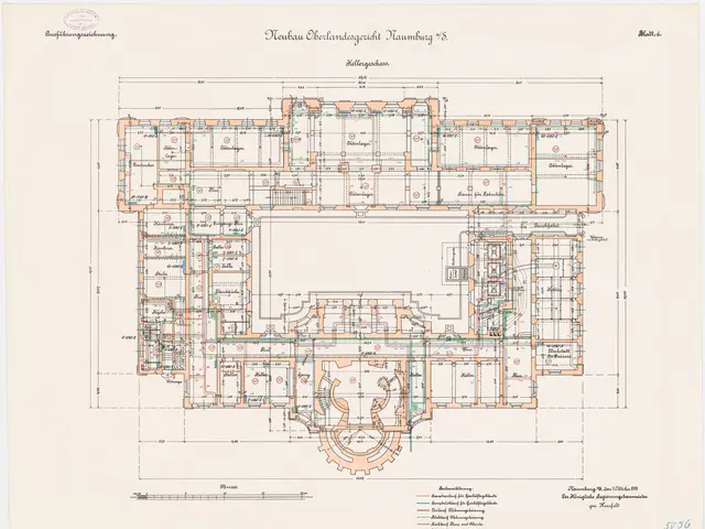 The image shows a drawing of a floor plan of a building with a lot of rooms, which is believed to...