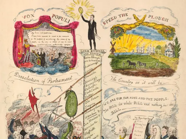 The image shows a paper with pictures and text depicting the glorious reform in parliament. The...