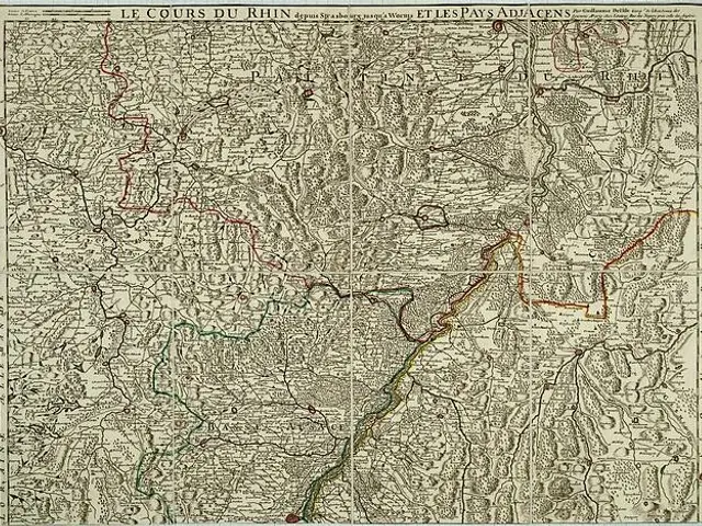 The image shows an old map of the Rhineland-Palatinate region of France, with the Rhine River...