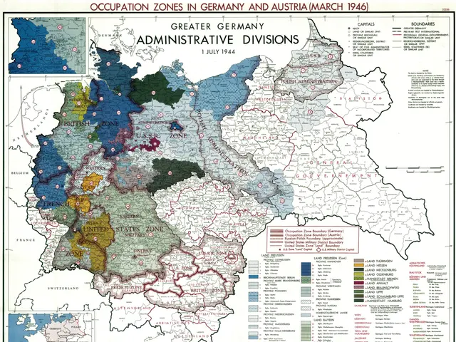 The image shows a poster of a map of Germany and Austria during World War II, depicting the...