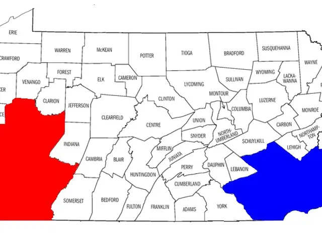 The image shows a map of the state of Pennsylvania with the counties highlighted in red and blue....