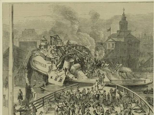 The image shows a group of people standing on top of a boat in the water, surrounded by buildings,...