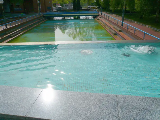 The image shows a large swimming pool in the middle of a park, surrounded by railings, light poles,...
