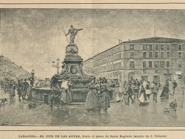 The image shows an old photo of a fountain in the middle of a city, surrounded by a group of...