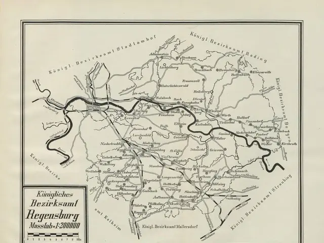 The image shows a black and white map of the city of Regensburg, Germany, with text written on it....