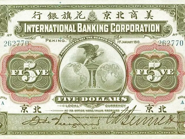 The image shows an old five dollar banknote from the International Banking Corporation. The note...