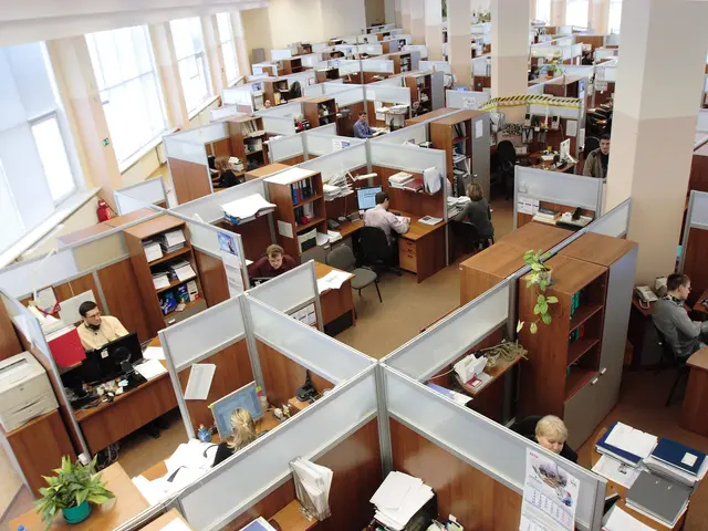 The image shows a large open plan office with people working on computers, desks, houseplants,...