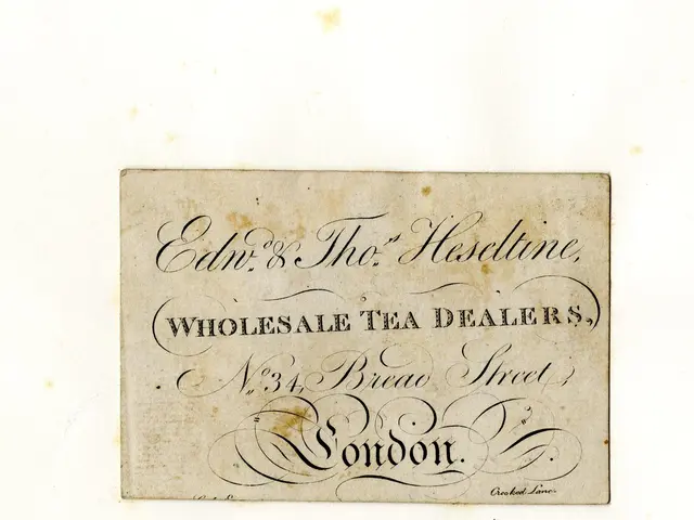 The image shows an old business card with the words "Wholesale Tea Dealers, London" written on it....