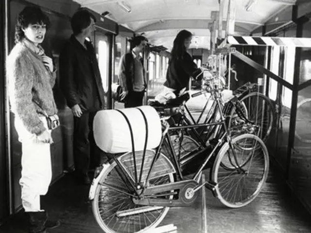 The image shows a group of people standing next to a black and white bicycle on a train. The people...