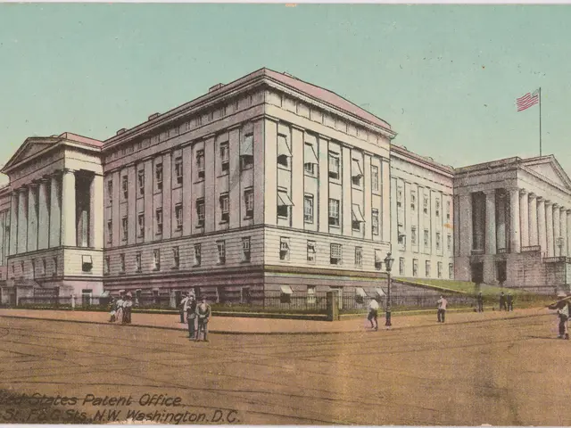 The image shows an old postcard of the United States Patent Office in Washington, DC. It features a...