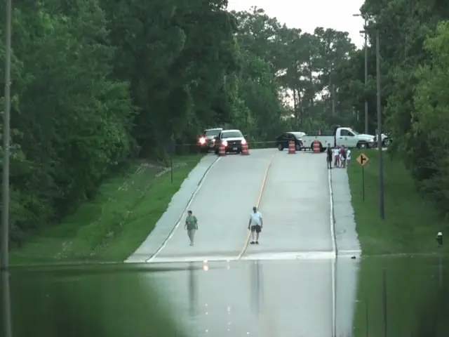 The image shows a group of people walking down a flooded road next to a body of water, with...