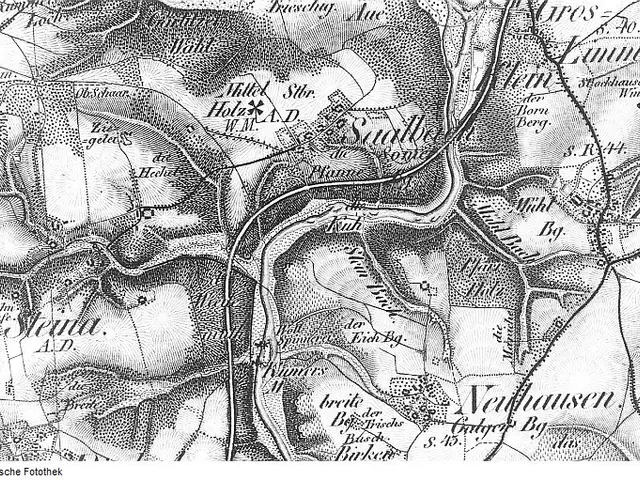 The image shows an old black and white map of the city of Neuhausen, Germany, with text written on...