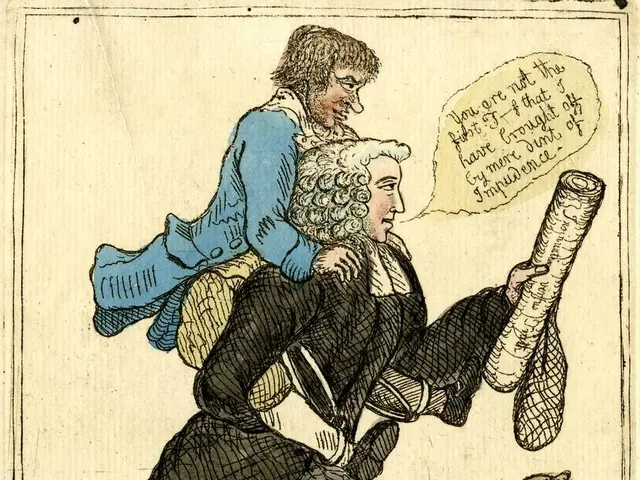 The image shows an old Bailey advocate bringing off a thief, with two people standing and one...