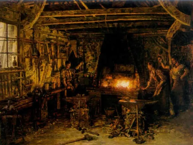 The image shows a blacksmith's workshop with a group of people working in it. There is a fire...