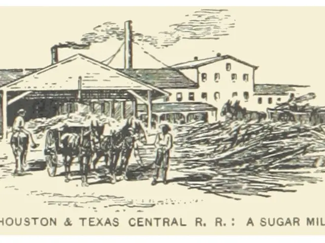 The image shows a poster of the Houston & Texas Central R.R. Sugar Mill, with a few people, horses,...