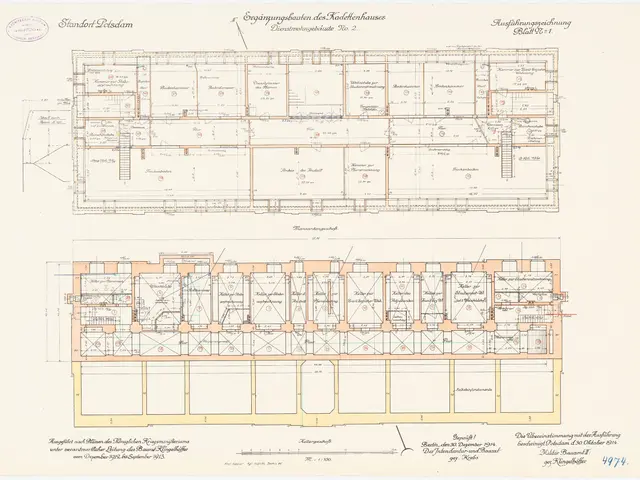 The image shows a drawing of a floor plan of a building with a lot of rooms, which is believed to...