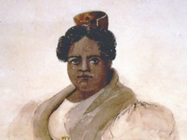 The image shows a painting of a woman in a white dress with a crown on her head, set against a...