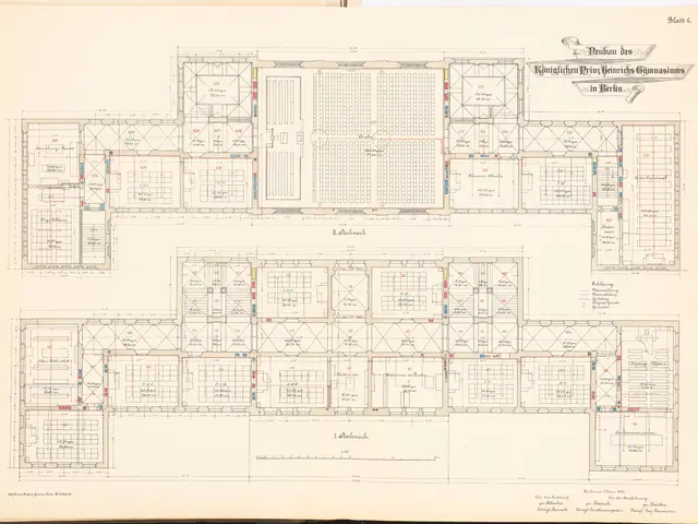 The image shows an open book with a drawing of a floor plan of a building, which is believed to be...