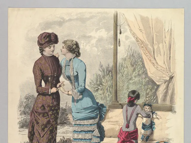 The image shows three women standing on the floor, two of them wearing dresses and one wearing a...