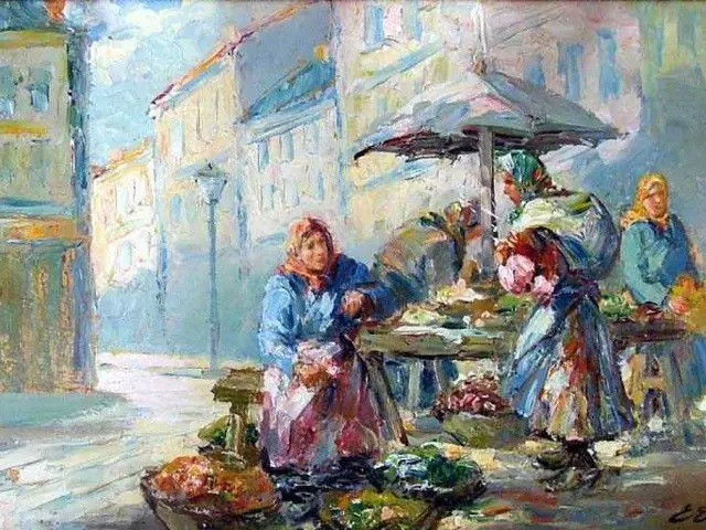 The image shows a painting of three women selling vegetables on a street corner, surrounded by...