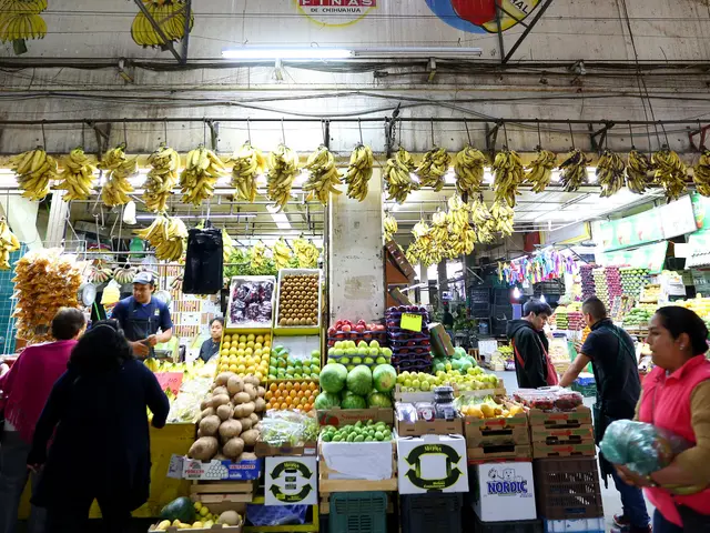 The image shows a bustling market filled with a variety of fruits and vegetables, including bananas...
