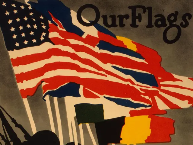 The image shows a poster with a picture of a flag and text that reads "Our Flags Beat Germany -...
