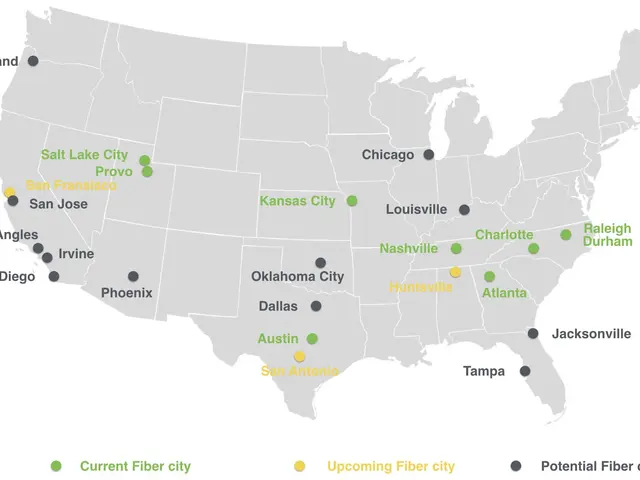 The image shows a map of the United States with green dots indicating the locations of fiber...