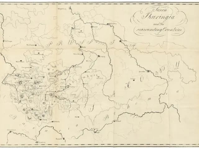 The image shows a map of the kingdom of Thuringia and the surrounding countries. It is a paper map...