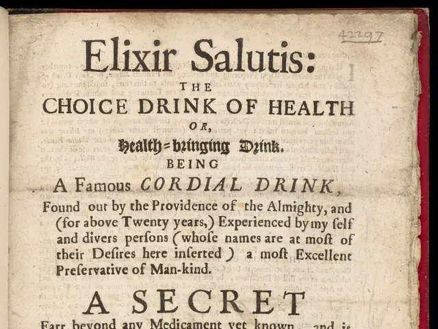 The image shows an open book with the title "Elixir Salutis: The Choice Drink of Health" written in...
