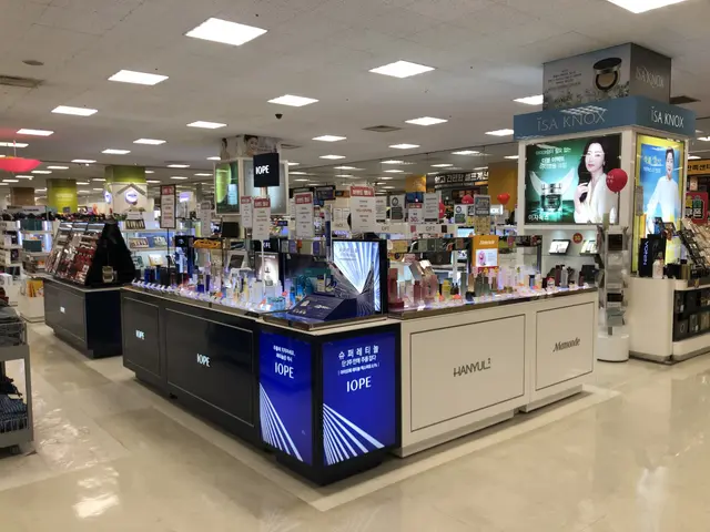 The image shows a store filled with lots of different types of cosmetics, including bottles, boxes,...