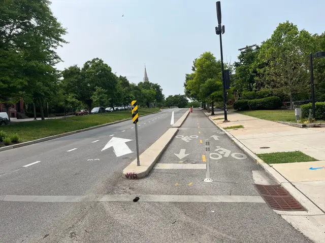 The image shows a street with a bike lane on the side of it, surrounded by grass, plants, trees,...