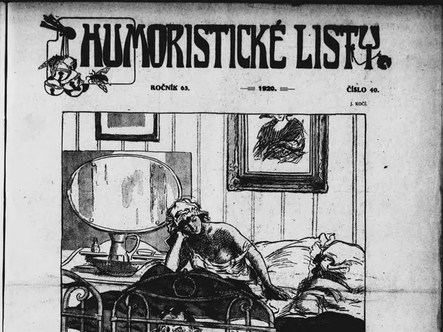 The image shows a black and white drawing of a person lying on a bed with a mirror on the table...