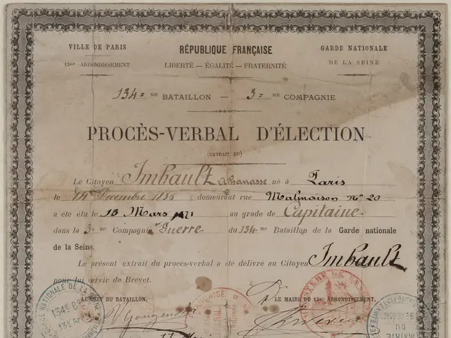 The image shows an old document with two stamps on it. The document appears to be a ballot, with...