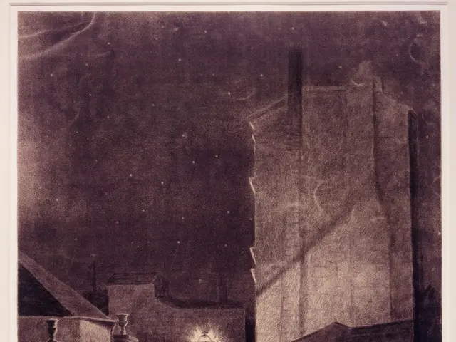 The image shows a man walking down a street at night, illuminated by a street light and surrounded...