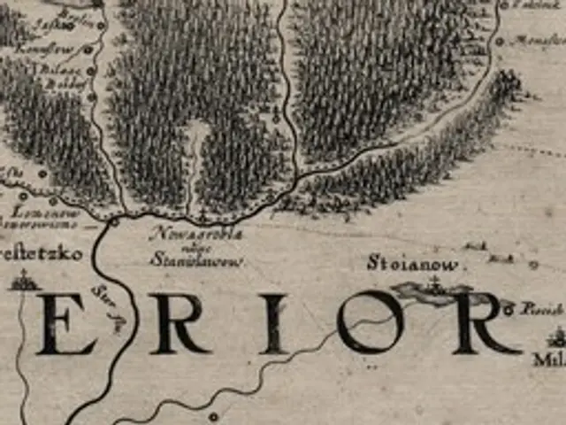 The image shows an old map of the city of Erior, with text written on it. The map is detailed,...