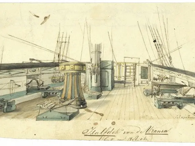 The image shows a drawing of a boat with a lot of equipment on it, including poles, ropes, and...
