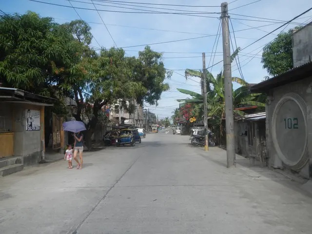 The image shows a woman walking down a street with an umbrella in her hand, accompanied by a child....