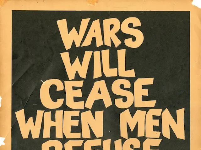The image shows a poster with the words "Wars will cease when men refuse to fight" written in bold...