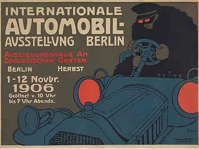The image shows a poster advertising an international automobile show in Berlin. It features a...