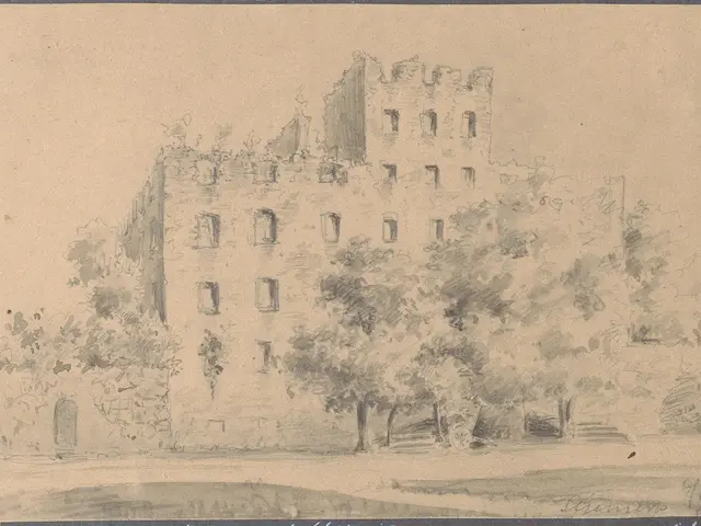 The image shows a drawing of a castle in the middle of a park, surrounded by trees. The castle is...